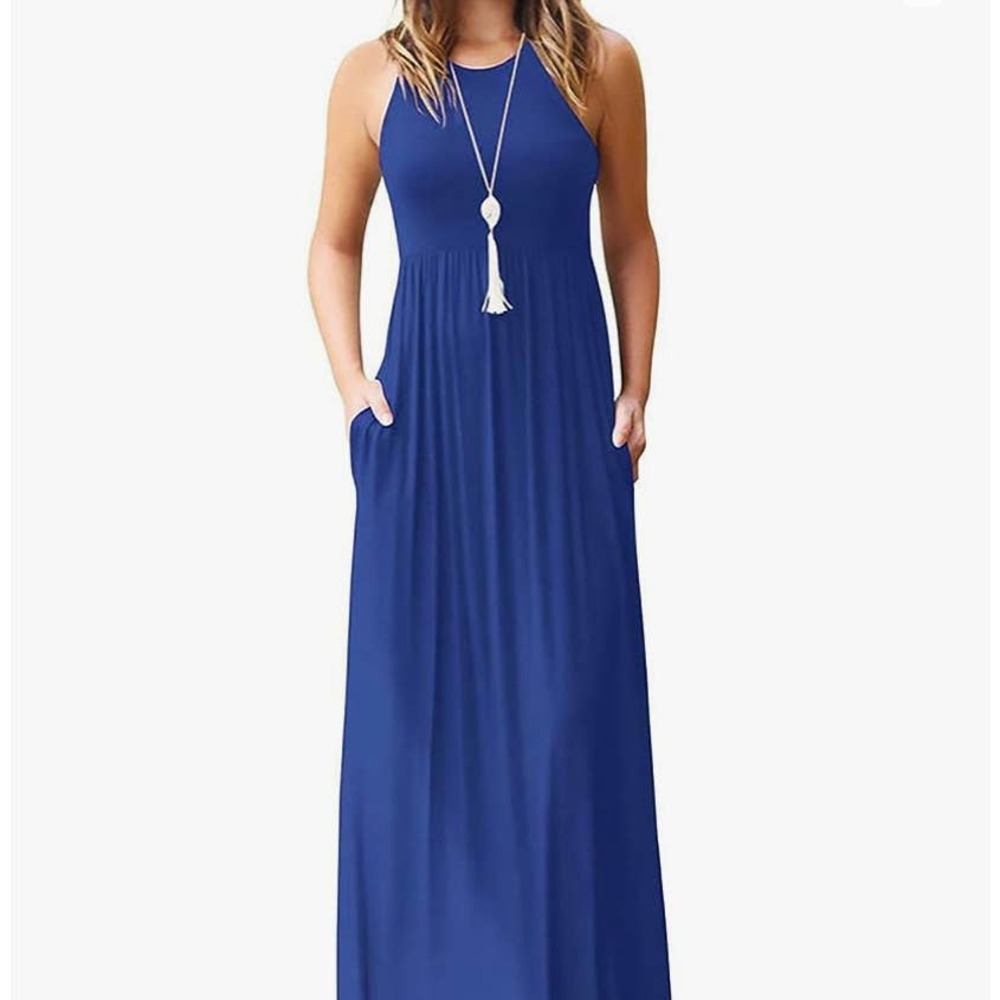Women's Blue Sleeveless Racerback Maxi Dress with Pockets Size Small